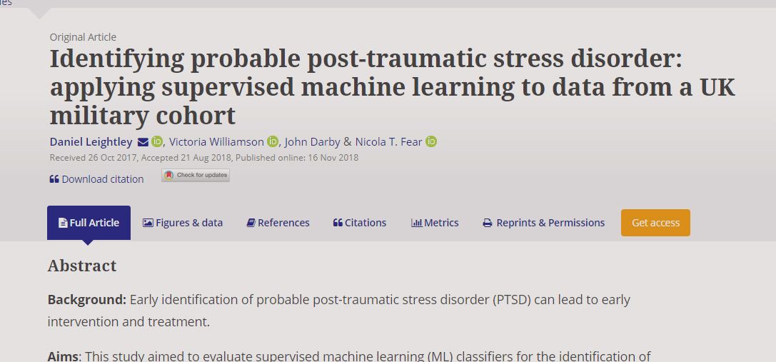 Just Published: Identifying probable post-traumatic stress disorder: applying supervised machine learning to data from a UK military cohort